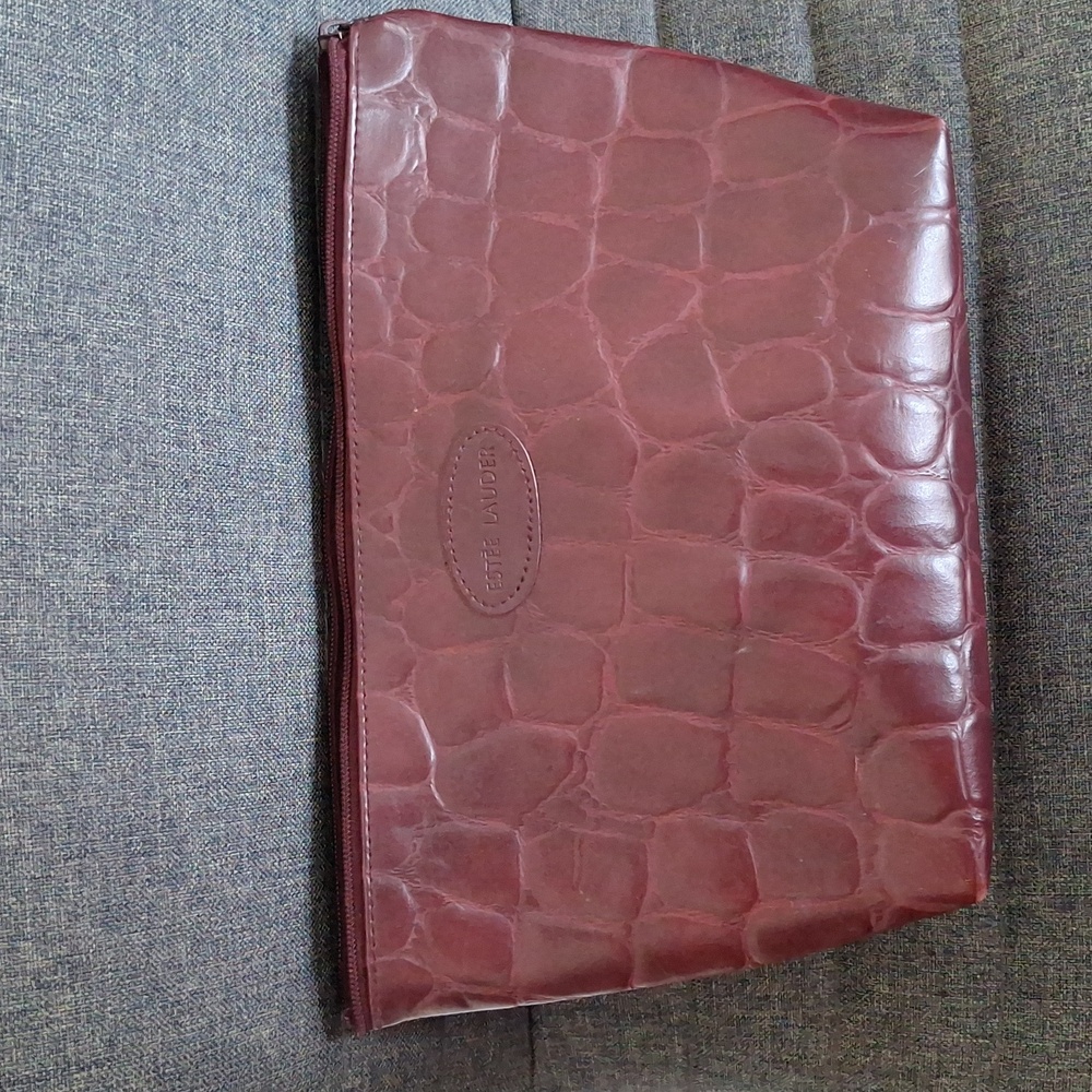 Vintage Estee Lauder Make Up Cosmetic Bag Burgundy Embossed Print